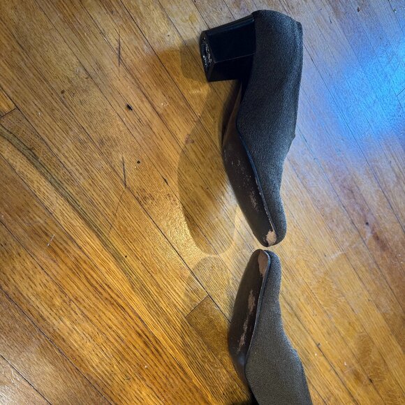 Classic Robert Clergerie Brown/Green Nylon or Satin Loafers with Med Heels - Picture 2 of 9